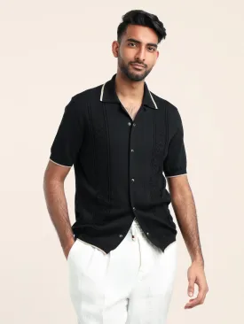 Black Cotton Jacquard Rib Short Sleeve Knit Shirt