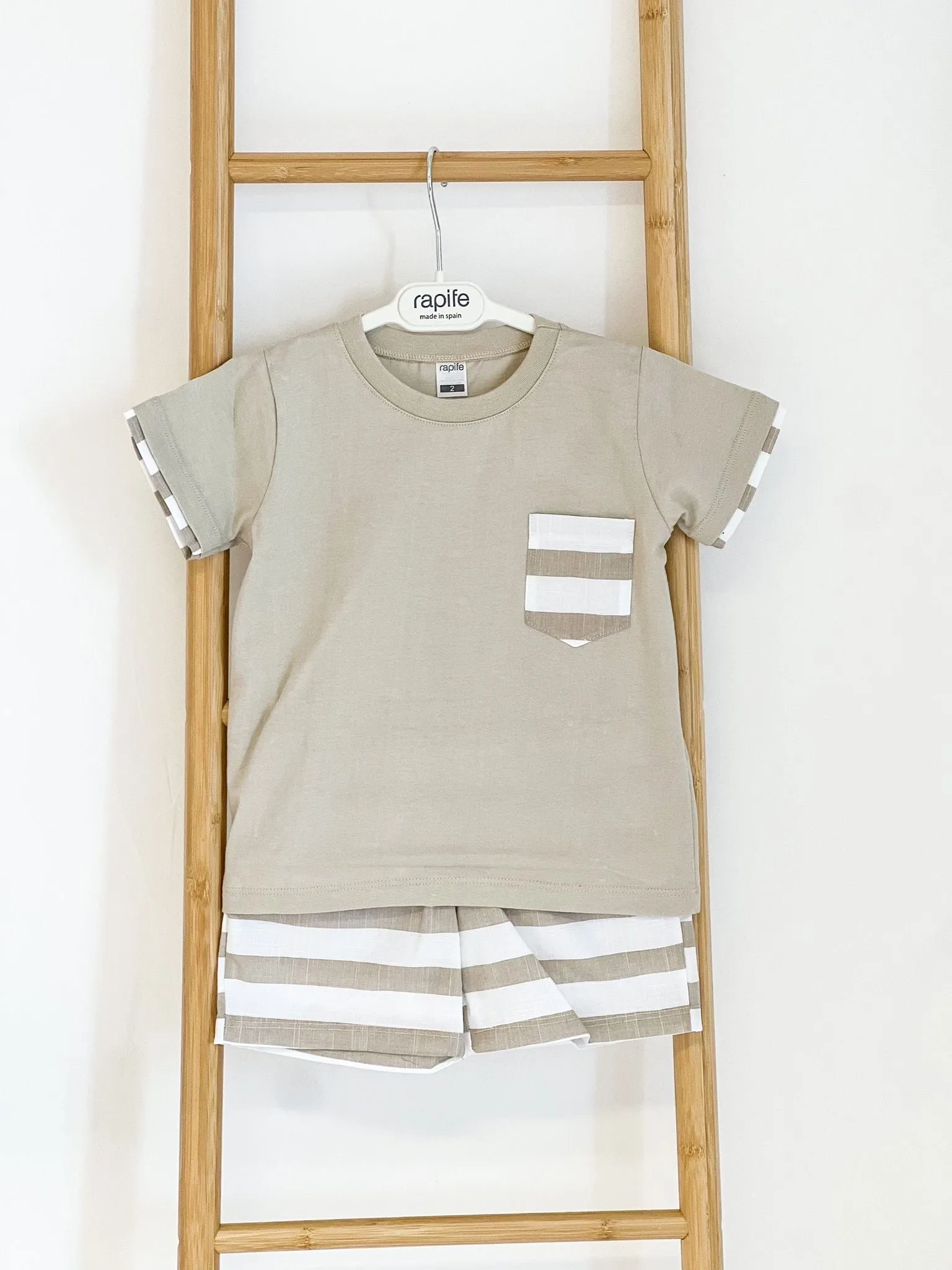 Boys Rapife Camel Horizontal Stripe Pocket Shirt and Short Set