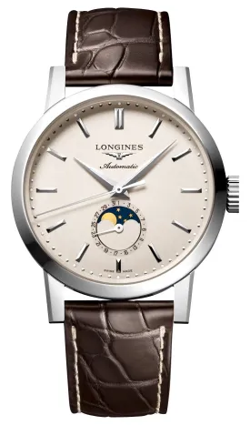 Longines Heritage Classic 1832 Automatic Stainless Steel Off-White Dial Brown Leather Strap Date Moonphase Mens Watch L4.826.4.92.2