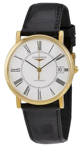 Longines Presence Automatic 18K Yellow Gold White Dial Black Leather Strap Date Mens Watch L4.778.6.11.0