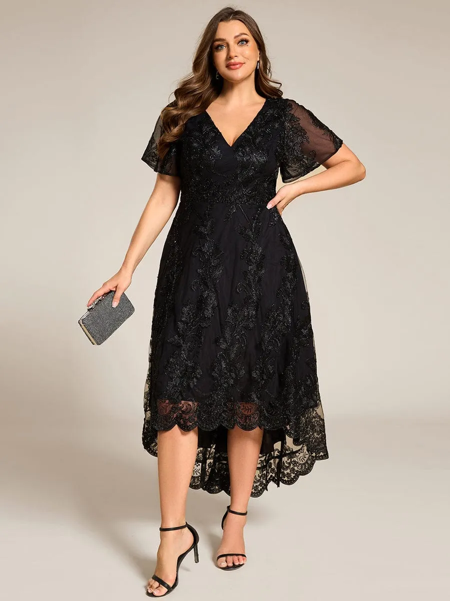 Plus Size Short Sleeves Embroidered Mesh A-Line V-Neck Midi Wedding Guest Dress